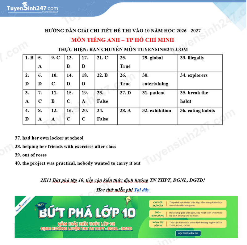 Dap an de thi lop 10 mon Anh - TP HCM 2026