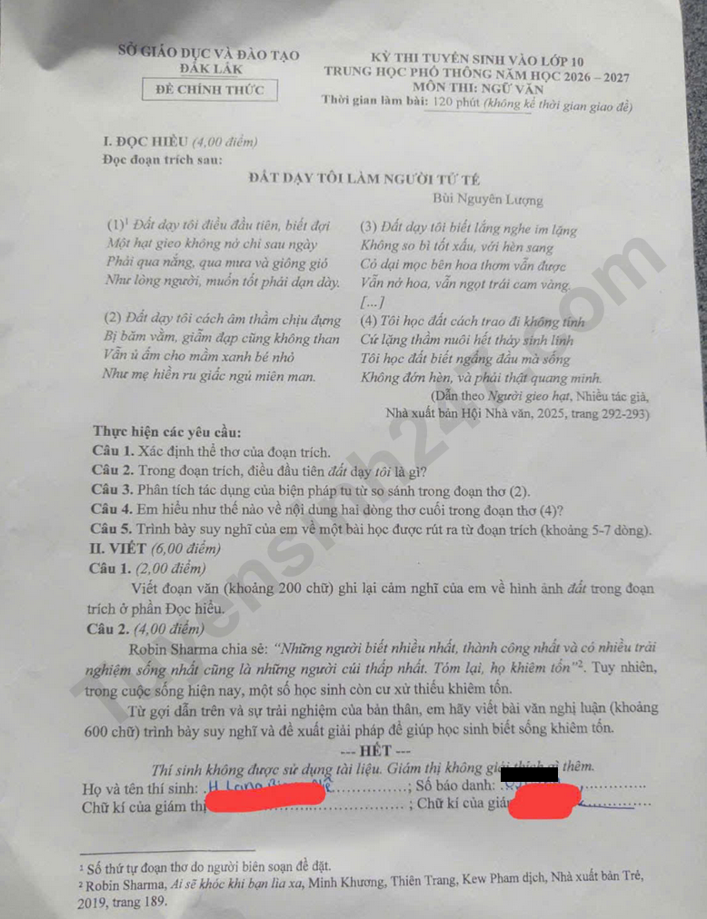 De thi vao lop 10 mon Van - Dak Lak 2026
