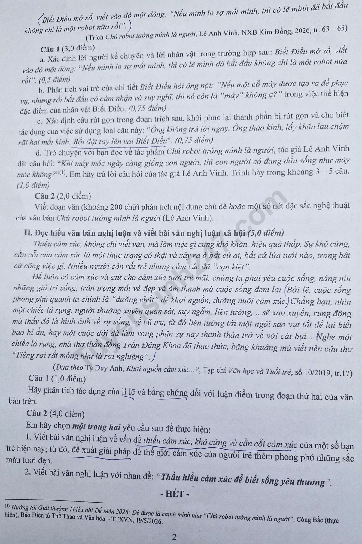 Dap an de thi vao lop 10 - TPHCM mon Van 2026