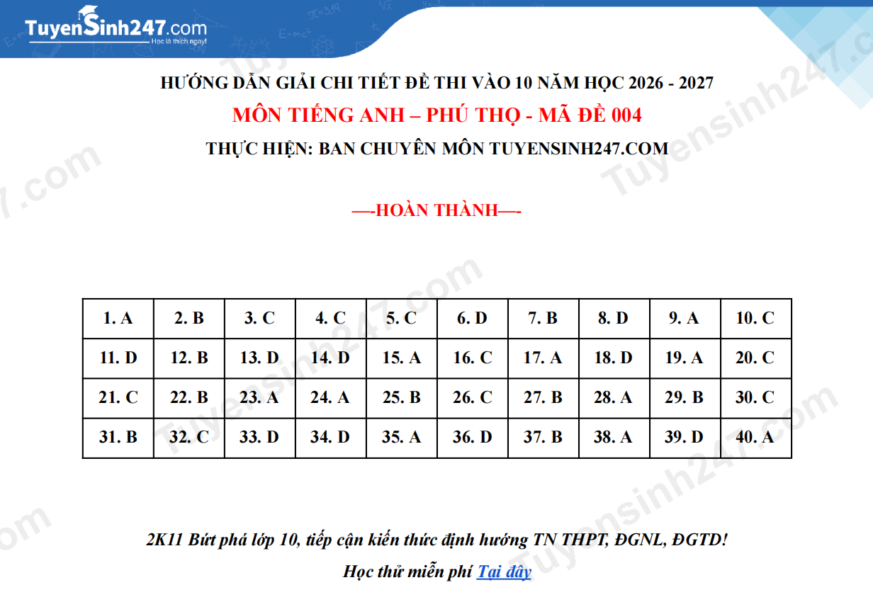 Dap an de thi lop 10 mon Anh - Phu Tho 2026