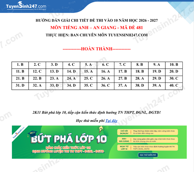 Dap an de thi lop 10 mon Anh - An Giang 2026
