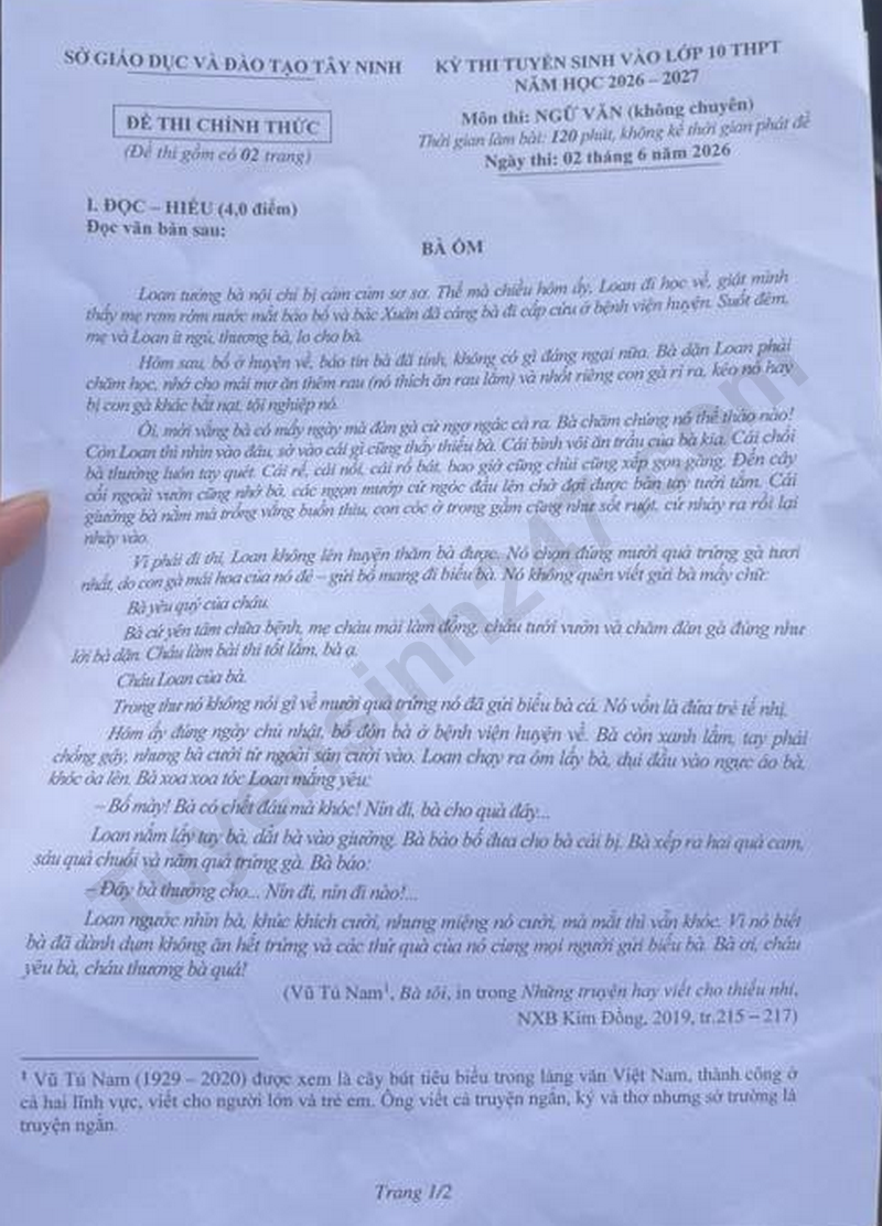 Dap an de thi lop 10 mon Van - Tay Ninh 2026