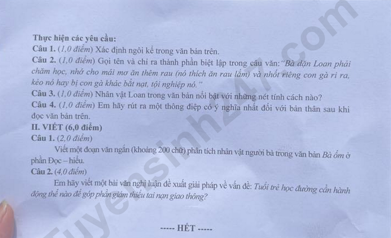 Dap an de thi lop 10 mon Van - Tay Ninh 2026