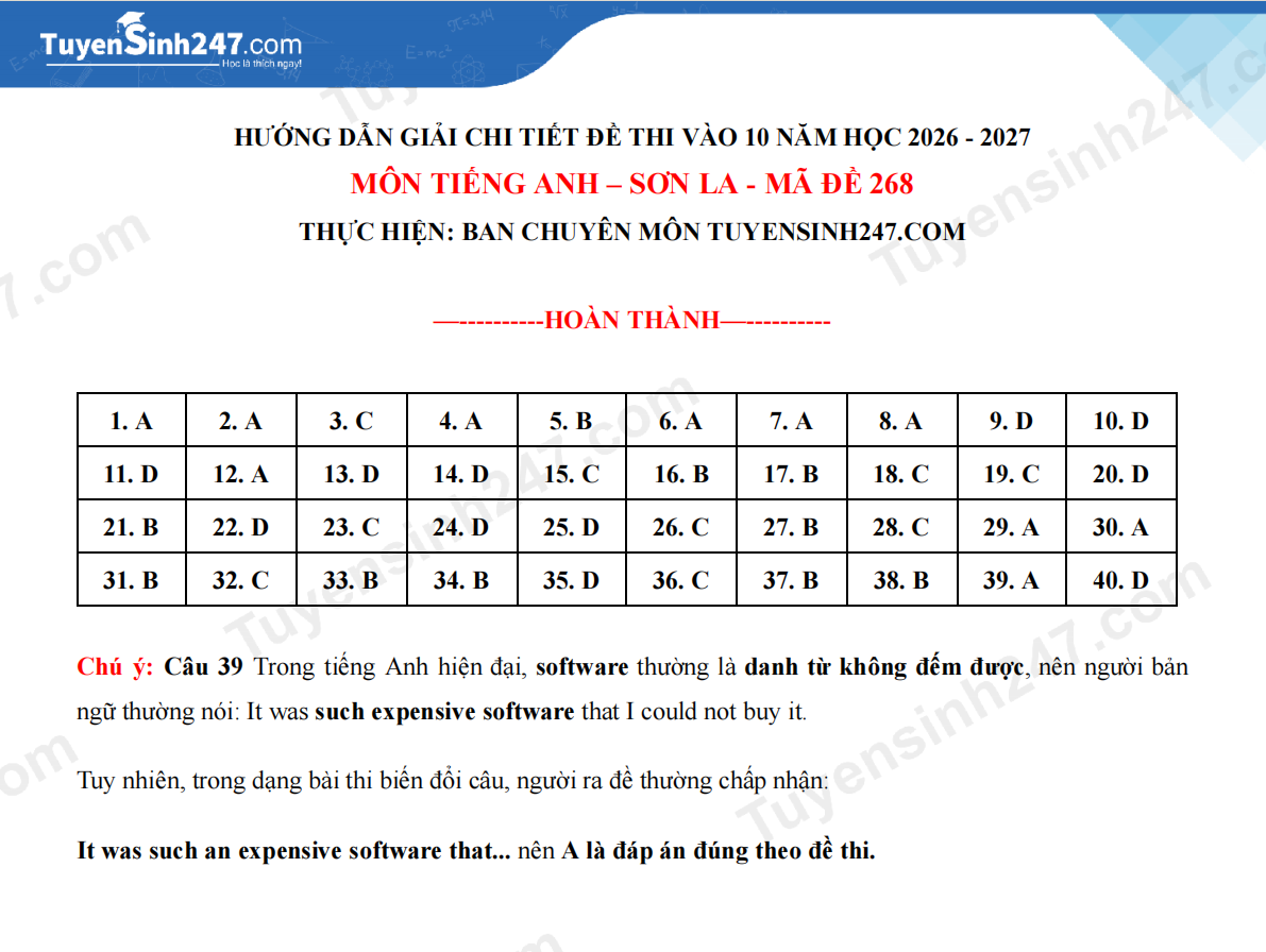 Dap an de thi lop 10 mon Anh - Son La 2026