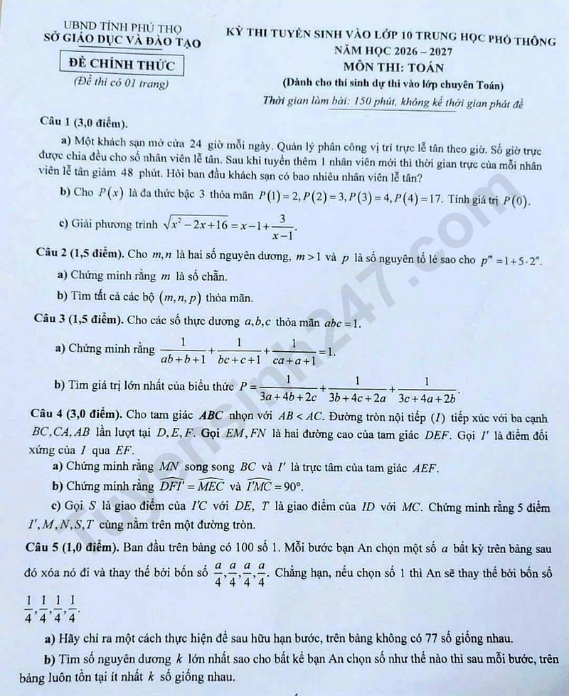 De thi vao lop 10 Chuyen Toan - Phu Tho 2026