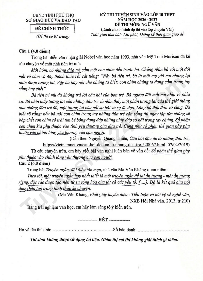 De thi lop 10 Chuyen Van - Phu Tho 2026 