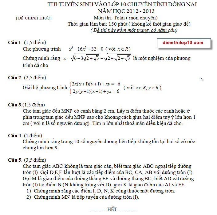Điểm thi lớp 10 năm 2012 detoan chuyenluongthevinh Đáp án đề thi môn toán chuyên vào lớp 10 chuyên Lương Thế Vinh Đồng Nai năm 2012