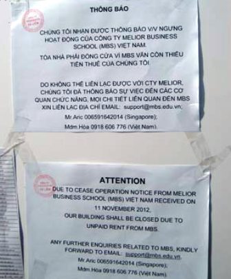 Chủ nhà thông báo đóng cửa trụ sở vì trường nợ tiền thuê.