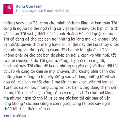 Hong Que \'dan mat\' nhung ke chi trich minh