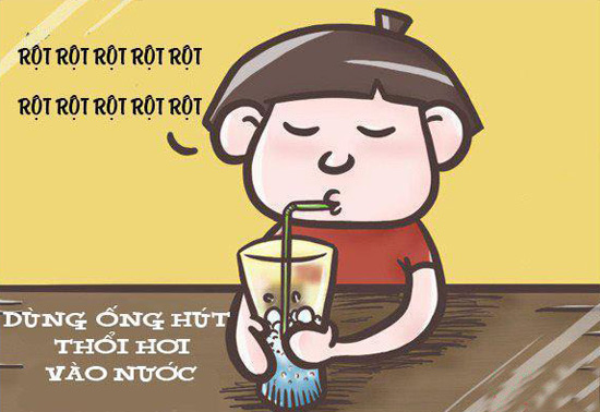 Một bức trang minh họa thú vị về trò chơi dùng ống hút thổi bong bóng trong cốc nước khi