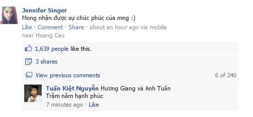 Bức hình chụp lại thiệp ăn hỏi và status mới cập nhật trên FB của Hương Giang Idol