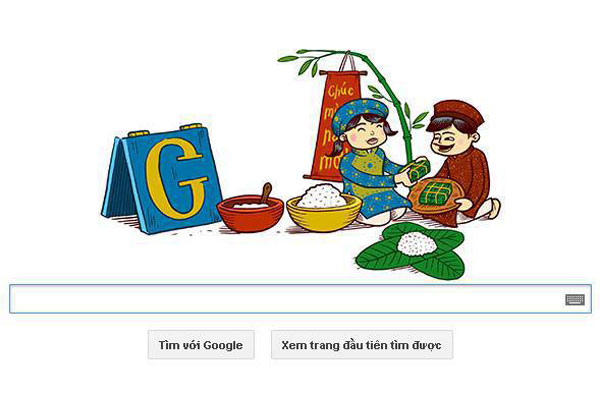 Cộng đồng mạng thích thú với hình ảnh trang web Google Việt Nam đặt hình vẽ minh họa ngày Tết truyền thống của nước ta làm banner.