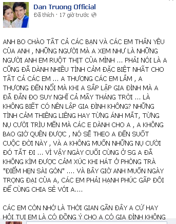 Những dòng tâm sự của anh Bo gửi cho fan để thông báo về ngày kết hôn.