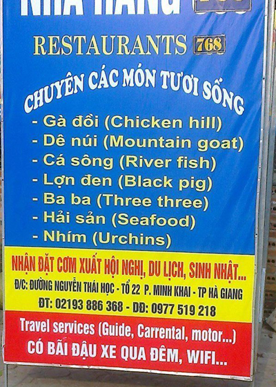 Cách dịch món ăn "ba ba" thành "three three" (hai số 3) khiến ai nhìn thấy cũng buồn cười. Ảnh do độc giả Chơi blog ở địa chỉ email nguyengiang@... chia sẻ.