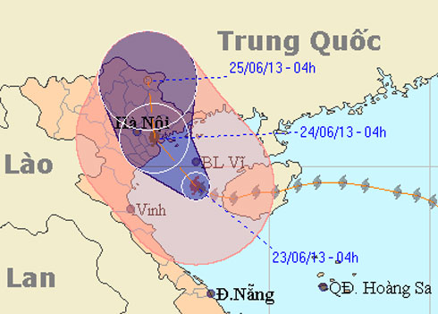 Đường đi của bão sáng 23/6. Ảnh: NCHMF