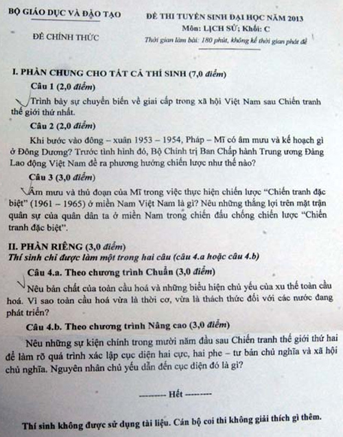 Kho dat diem cao mon lich su trong ky thi dai hoc dot 2