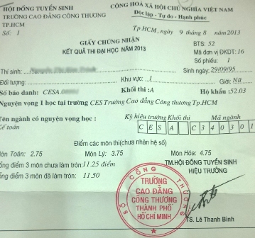 Trường CĐ Công thương lại có thẩm quyền cấp giấy chứng nhận kết quả thi ĐH.
