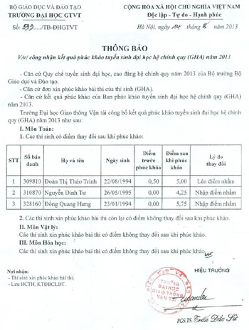 Kết quả phúc khảo bài thi của Trường ĐH Giao thông Vận tải.