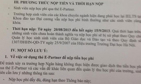 Quy định của trường Đại học Hà Nội về thu tiền học phí 