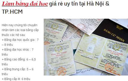 Các loại văn bằng, chứng chỉ giả được quảng cáo trên trang web.