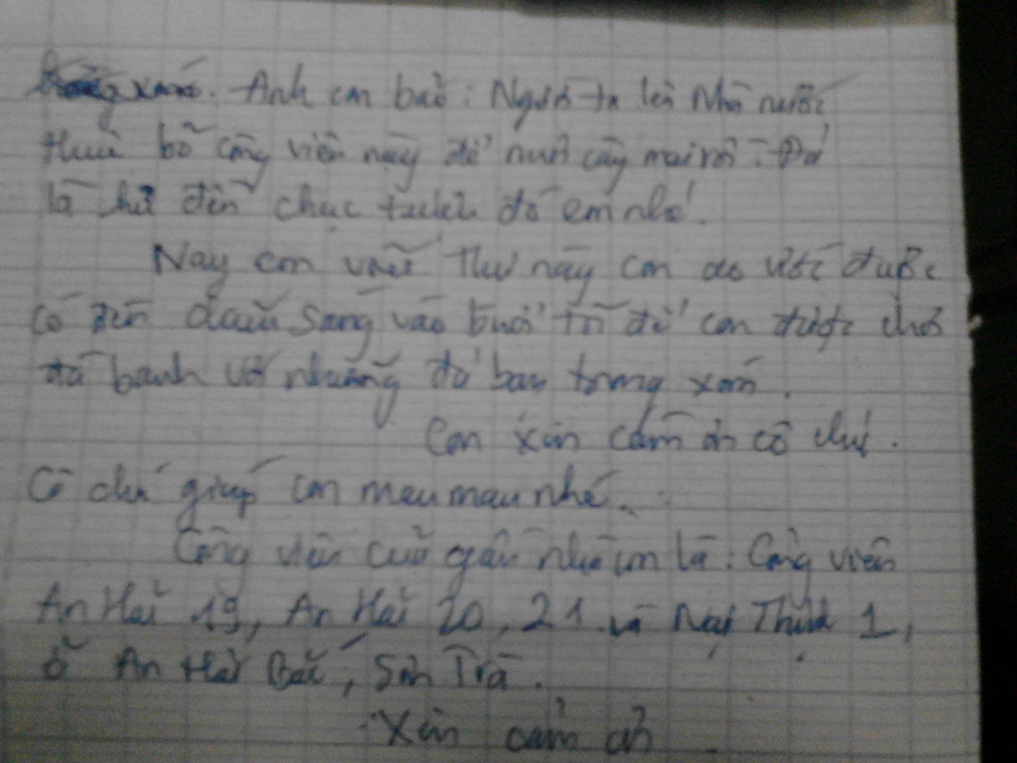 Bức thư được em Quân viết tay và chụp ảnh lại để gửi qua Cổng Hệ thống thông tin chính quyền điện tử TP Đà Nẵng