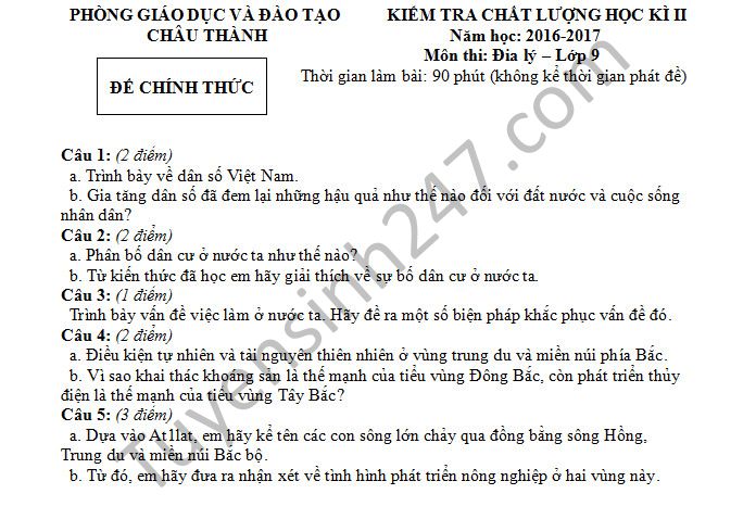De thi hoc ki 1 mon Dia 9 - Phong GD&DT Chau Thanh nam 2016-2017