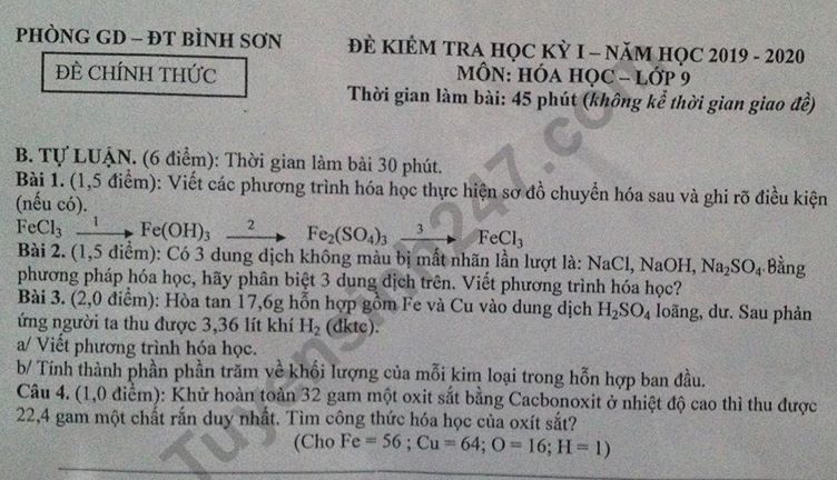 Đề Thi Kì 1 Lớp 9 Môn Hóa 2019 - 2020 Bình Sơn