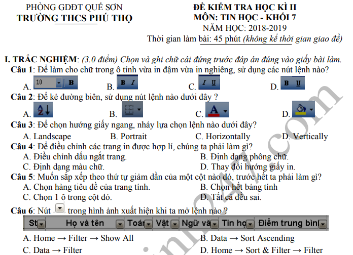 Đề thi kì 2 lớp 7 Tin học đầy đủ và chính xác sẽ giúp bạn chuẩn bị tốt hơn cho kì thi sắp tới. Hãy xem hình ảnh liên quan để chuẩn bị tâm lý và rèn luyện kỹ năng giải đề của mình và đạt kết quả tốt nhất.