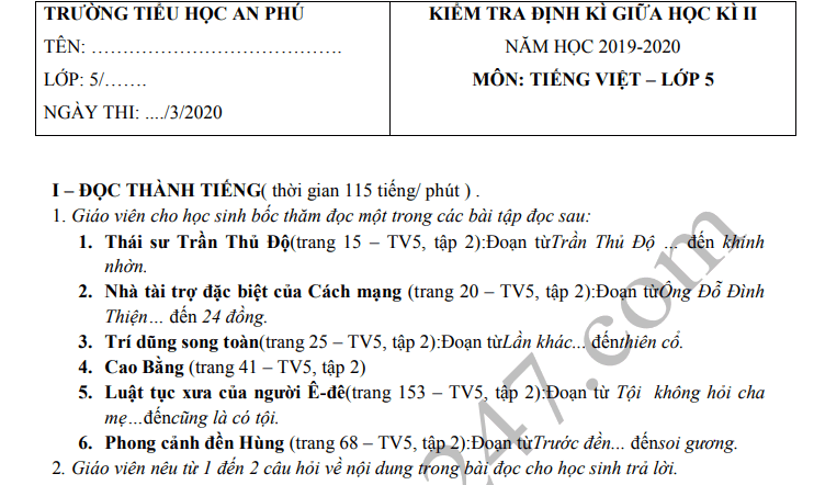 Đề thi giữa kì 2 môn Tiếng Việt lớp 5 năm 2020 - TH An Phú