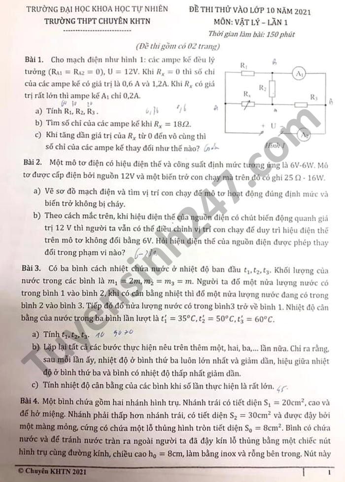 Đề thi thử vào lớp 10 năm 2021 THPT chuyên KHTN môn Lý lần 1-có đáp án