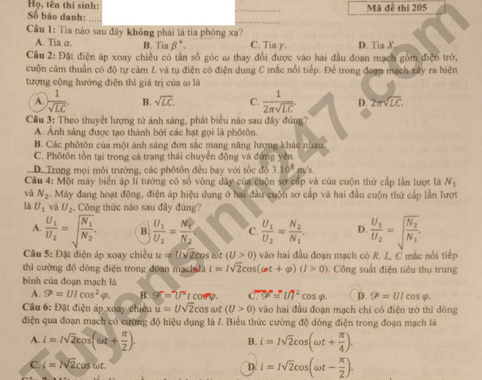 Đáp án đề thi môn Lý tốt nghiệp THPT 2024 mã đề 205