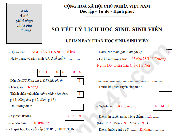 Hướng dẫn điền sơ yếu lý lịch học sinh, sinh viên - Chi tiết