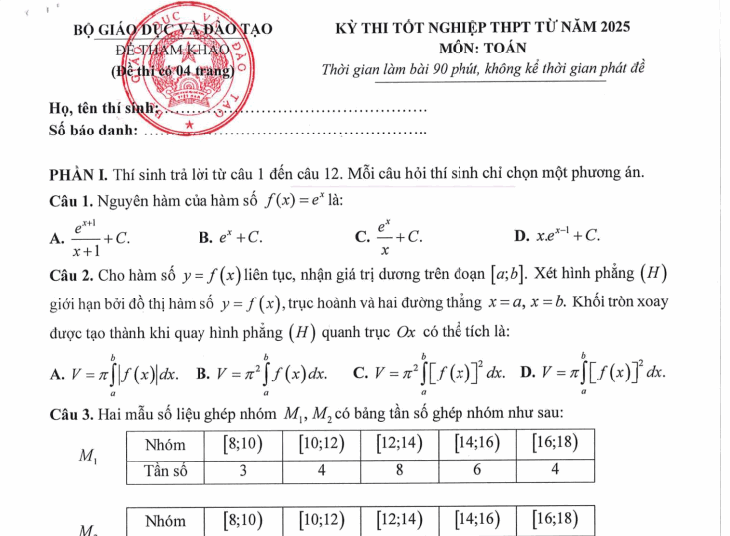 Bộ GD công bố đề minh họa tốt nghiệp THPT 2025 - Tất cả các môn