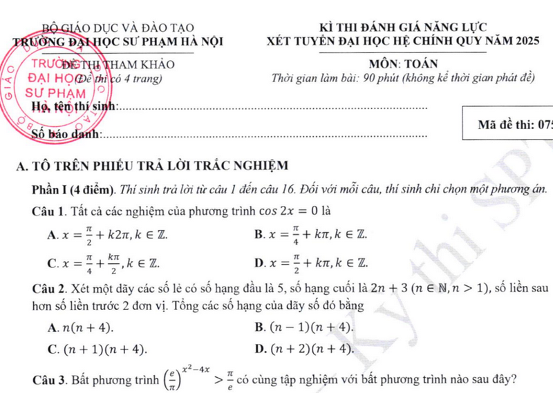 Đề minh họa ĐGNL Đại học Sư phạm Hà Nội 2025 (Có đáp án)