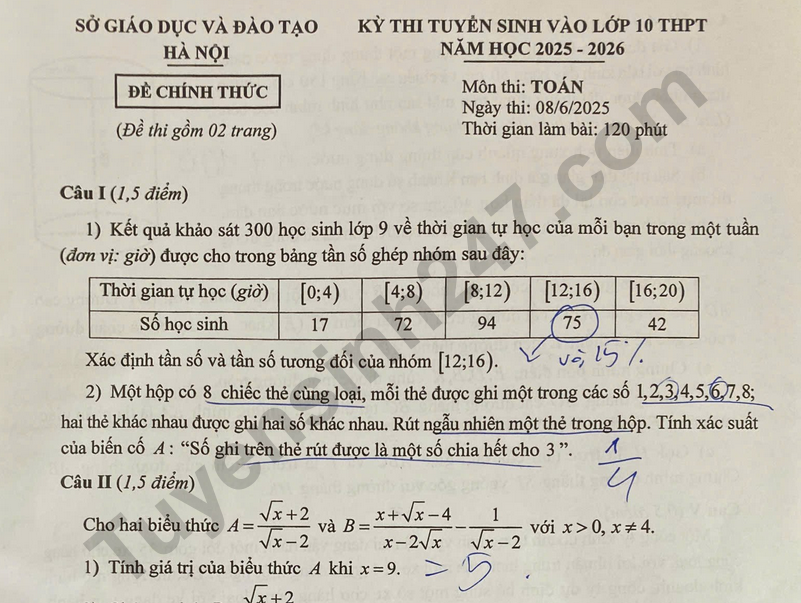 Đáp án đề thi vào lớp 10 môn Toán - Hà Nội 2025