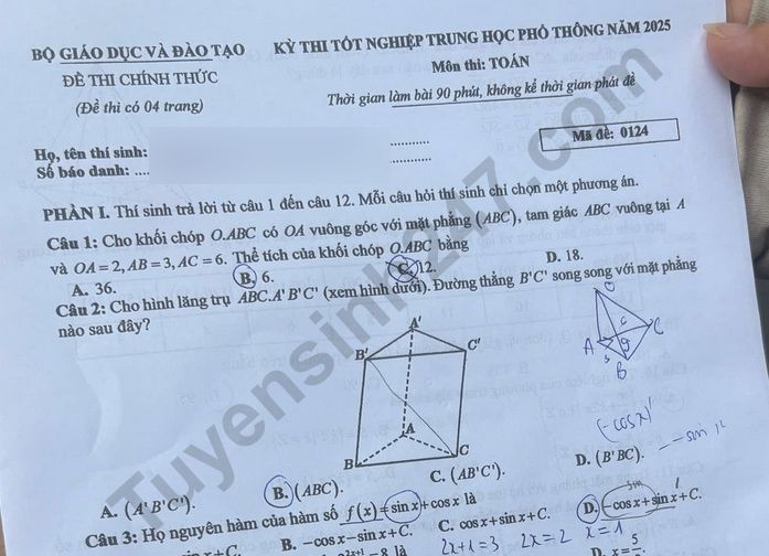 Đáp án đề thi tốt nghiệp THPT 2025 môn Toán - Tất cả mã đề