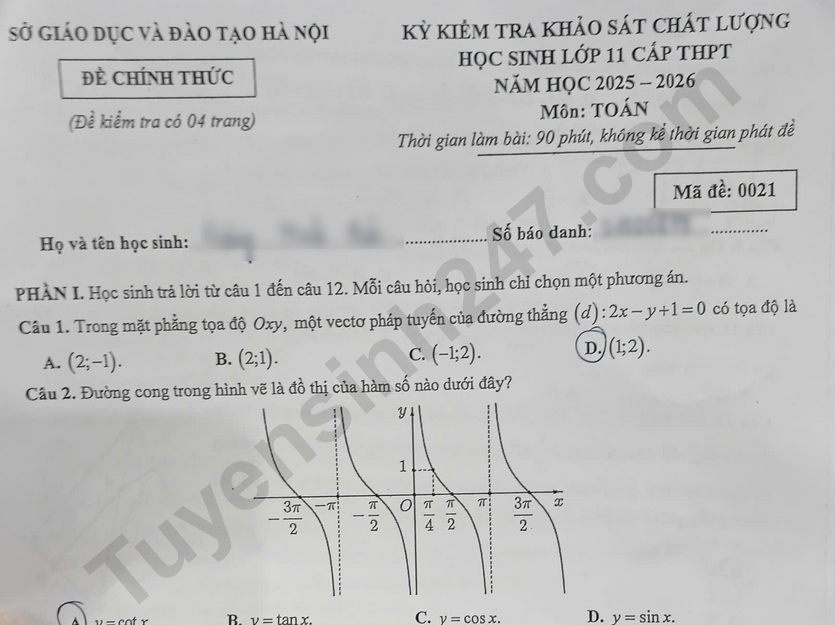 Hướng dẫn giải Đề thi khảo sát lớp 11 môn Toán 2026 - Sở GD Hà Nội