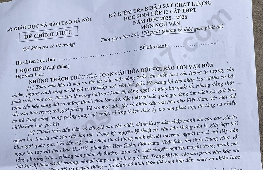 Hướng dẫn giải Đề thi khảo sát môn Văn lớp 12 - Sở GD Hà Nội 2026