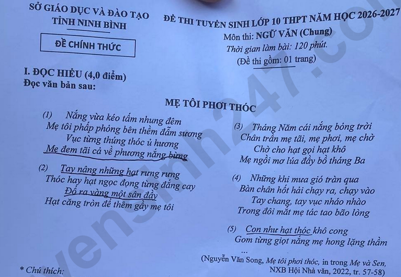 Đáp án đề thi vào lớp 10 môn Văn - Ninh Bình năm 2026