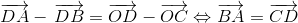 $$\overrightarrow {DA} - \,\overrightarrow {DB} = \overrightarrow {OD} - \overrightarrow {OC} \Leftrightarrow \overrightarrow {BA} = \overrightarrow {CD} $$