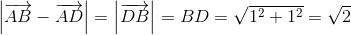 $\left| {\overrightarrow {AB} - \overrightarrow {AD} } \right| = \left| {\overrightarrow {DB} } \right| = BD = \sqrt {{1^2} + {1^2}} = \sqrt 2 $
