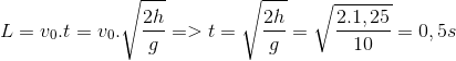 L= v_{0}.t = v_{0}.\sqrt{\frac{2h}{g}}=>t=\sqrt{\frac{2h}{g}}=\sqrt{\frac{2.1,25}{10}}=0,5 s