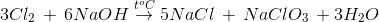 3C{l_2}\, + \,6NaOH \overset{t^{o}C}{\rightarrow}5NaCl\, + \,NaCl{O_3}\, + 3{H_2}O