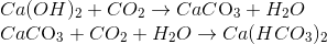 \begin{array}{l} Ca{(OH)_2} + C{O_2} \to CaC{{\rm{O}}_3} + {H_2}O\\ CaC{{\rm{O}}_3} + C{O_2} + {H_2}O \to Ca{(HC{O_3})_2} \end{array}