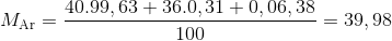 {M_{{\rm{Ar}}}} = \frac{{40.99,63 + 36.0,31 + 0,06,38}}{{100}} = 39,98