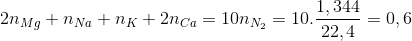 2{n_{Mg}} + {n_{Na}} + {n_K} + 2{n_{Ca}} = 10{n_{{N_2}}} = 10.\frac{{1,344}}{{22,4}} = 0,6