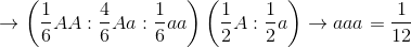 \to \left( {{1 \over 6}AA:{4 \over 6}Aa:{1 \over 6}aa} \right)\left( {{1 \over 2}A:{1 \over 2}a} \right) \to aaa = {1 \over {12}}