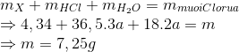 \begin{array}{l} {m_X} + {m_{HCl}} + {m_{{H_2}O}} = {m_{muoiClorua}}\\ \Rightarrow 4,34 + 36,5.3a + 18.2a = m\\ \Rightarrow m = 7,25g \end{array}