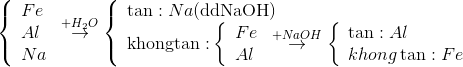 \left\{ \begin{array}{l} Fe\\ Al\\ Na \end{array} \right.\overset{+H_{2}O}{\rightarrow}\left\{ \begin{array}{l} \tan :Na({\rm{ddNaOH)}}\\ {\rm{khongtan: }}\left\{ \begin{array}{l} Fe\\ Al \end{array} \right.\overset{+NaOH}{\rightarrow}\left\{ \begin{array}{l} \tan :Al\\ khong\tan :Fe \end{array} \right. \end{array} \right.