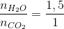 \frac{{{n_{{H_2}O}}}}{{{n_{C{O_2}}}}} = \frac{{1,5}}{1}